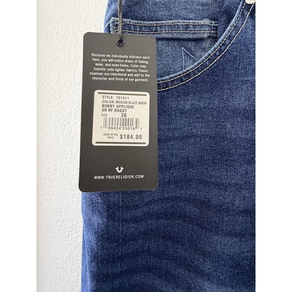 NWT True Religion Bobby Applique Baggy Fit Jeans Men Medium Blaze Wash Size 36